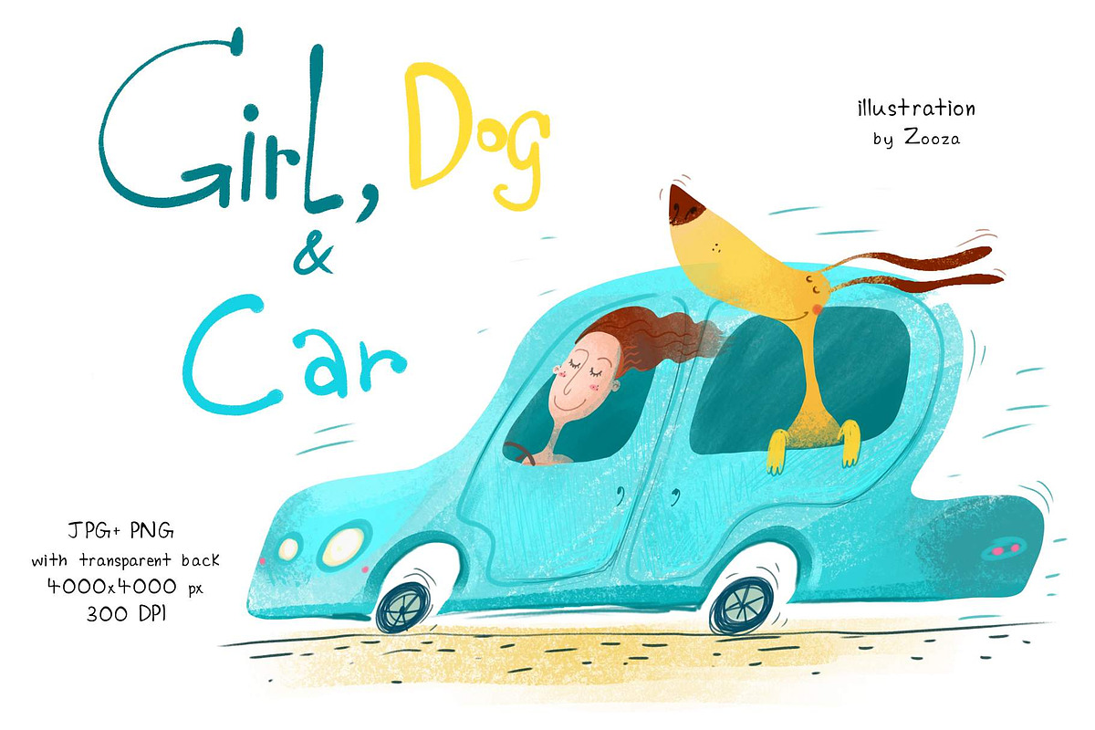 Girl, Dog and Car - illustration, an Illustration by Zooza Art (Photo 1 of 3)
