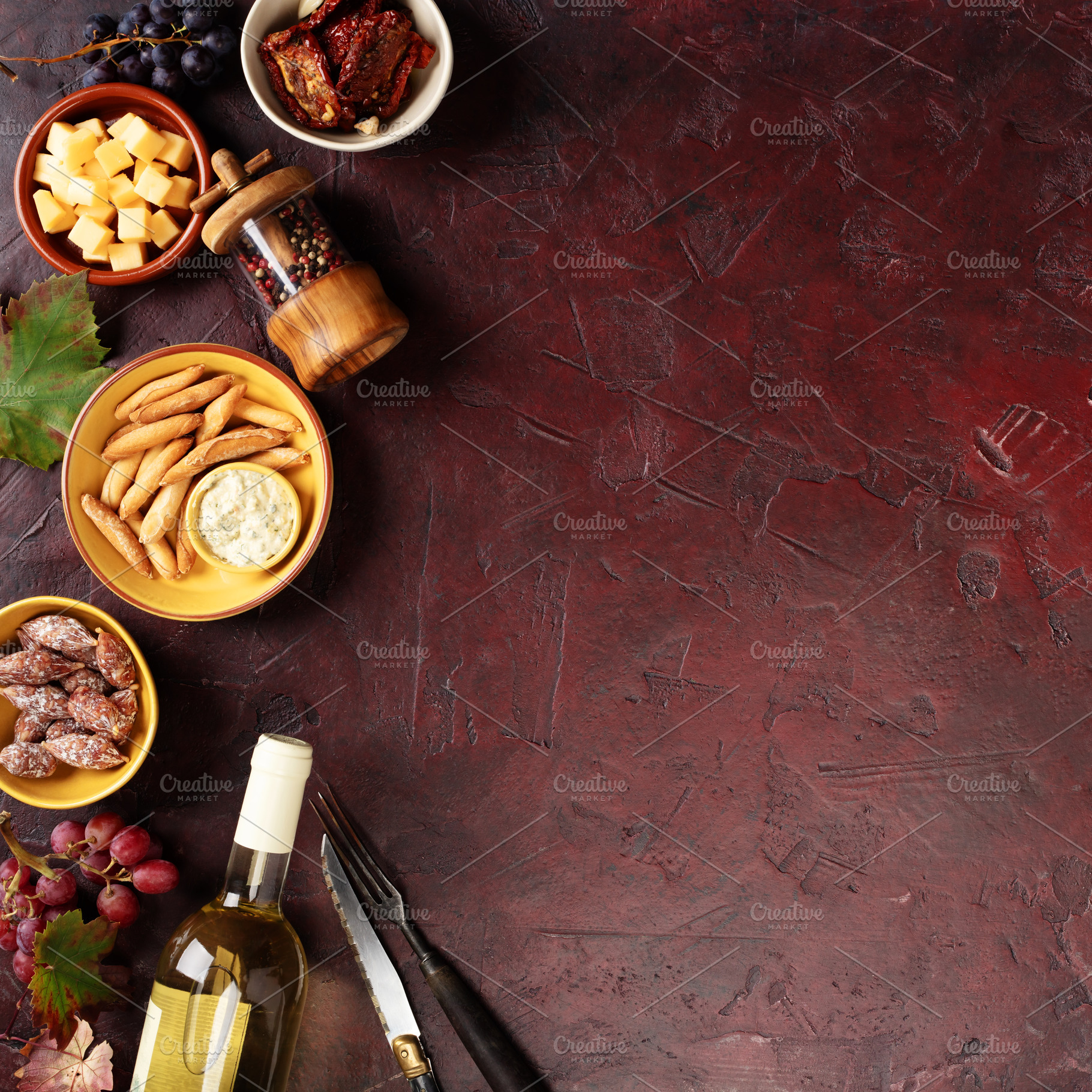 Charcuterie Snacks and White Wine on Dark Rustic Background, a Food & Drink Photo by Natalia Klenova's Shop