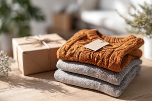 Label mockups on neatly folded sweaters with a gift box arranged on a wooden de, a Photo by AlyaAnd