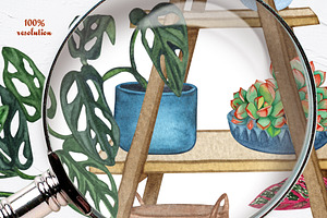 Houseplants Shelf Watercolor Clipart