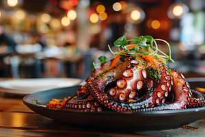 Grilled octopus leg in plate on blurred restaurant background, a Food & Drink Photo by AlyaAnd