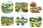 Rural Lanscape Watercolor Clipart, an Illustration by Daily.Designs (Thumbnail 5 of 5)
