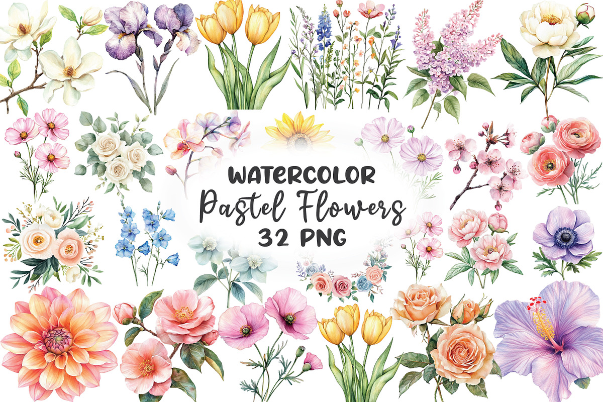 Watercolor Pastel Flowers Clipart, a Work Illustration by CraftArtStudio (Photo 1 of 6)