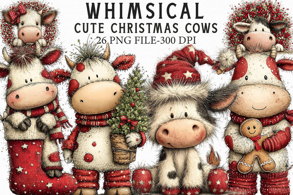 Whimsical Cute Christmas Cows Clipar, an Illustration by Libby Wishes (Photo 1 of 7)