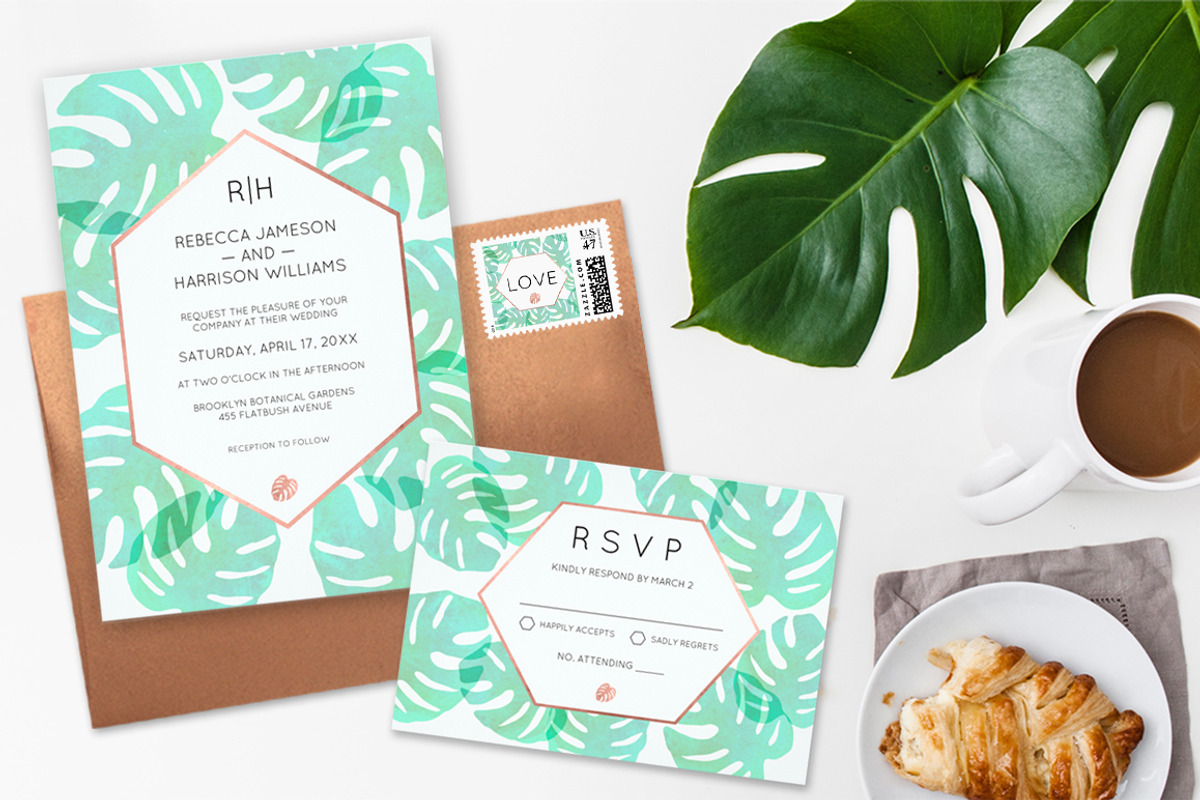 Monstera Leaf & Rose Gold, an Invitation Template by Charming Ink (Photo 1 of 3)