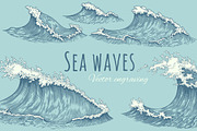 Set Sea waves. Vector engraving., a Decorative Illustration by Vector Engraving (Thumbnail 1 of 2)