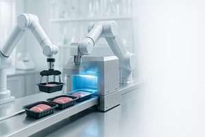 Robotic food packaging assembly line, a Photo by Dvoevnore photos
