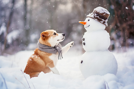 Cute dog in scarf and snowman in winter forest, an Animal Photo by colnihko