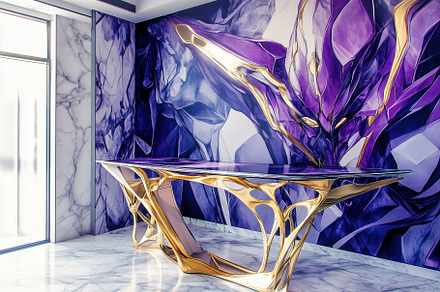 A modern interior featuring a striking purple and gold abstract wall mural, com, an Arts & Entertainment Photo by Textures & Backgrounds