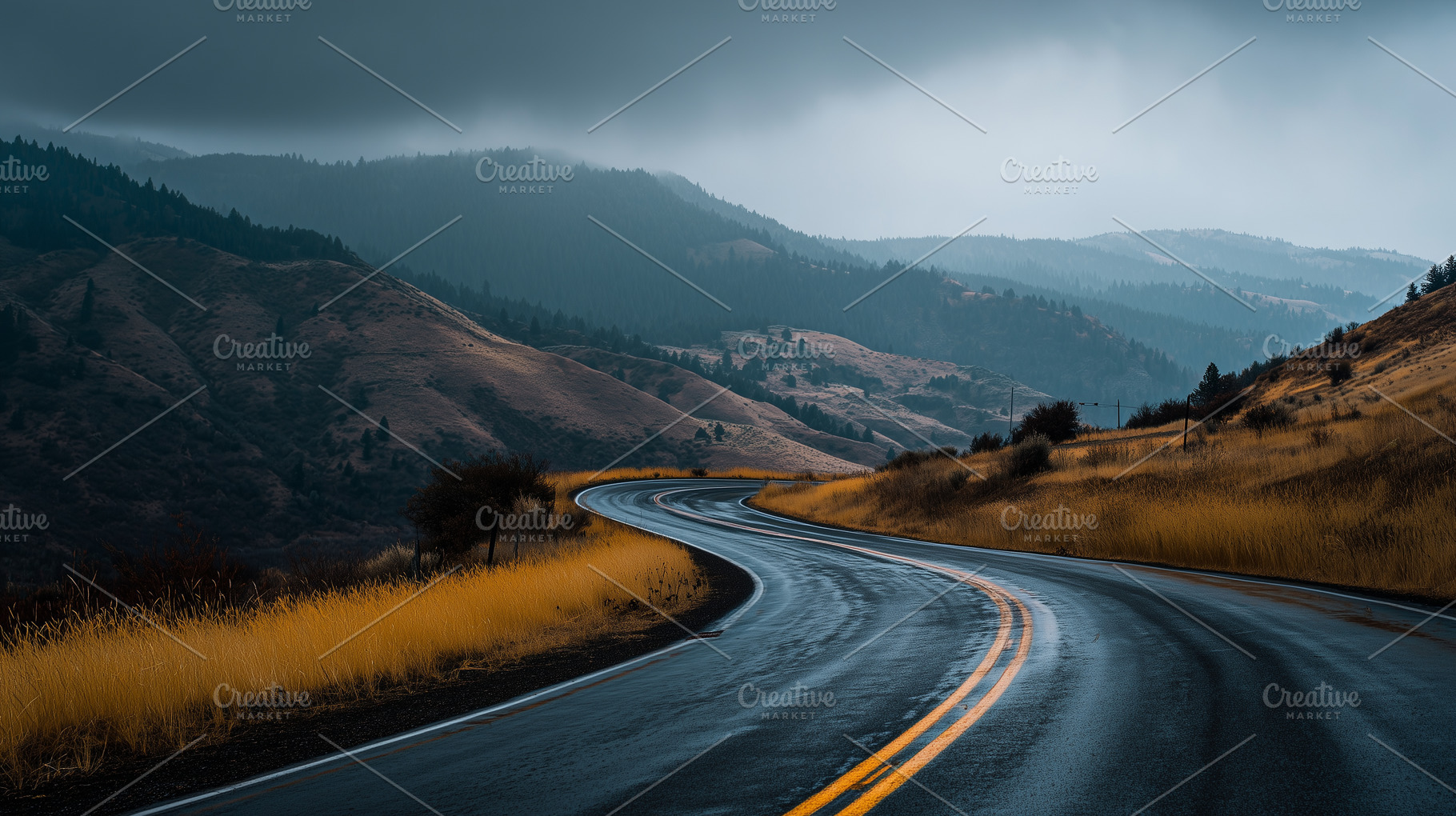 Winding mountain road cuts through, a Nature Photo by MistyDay