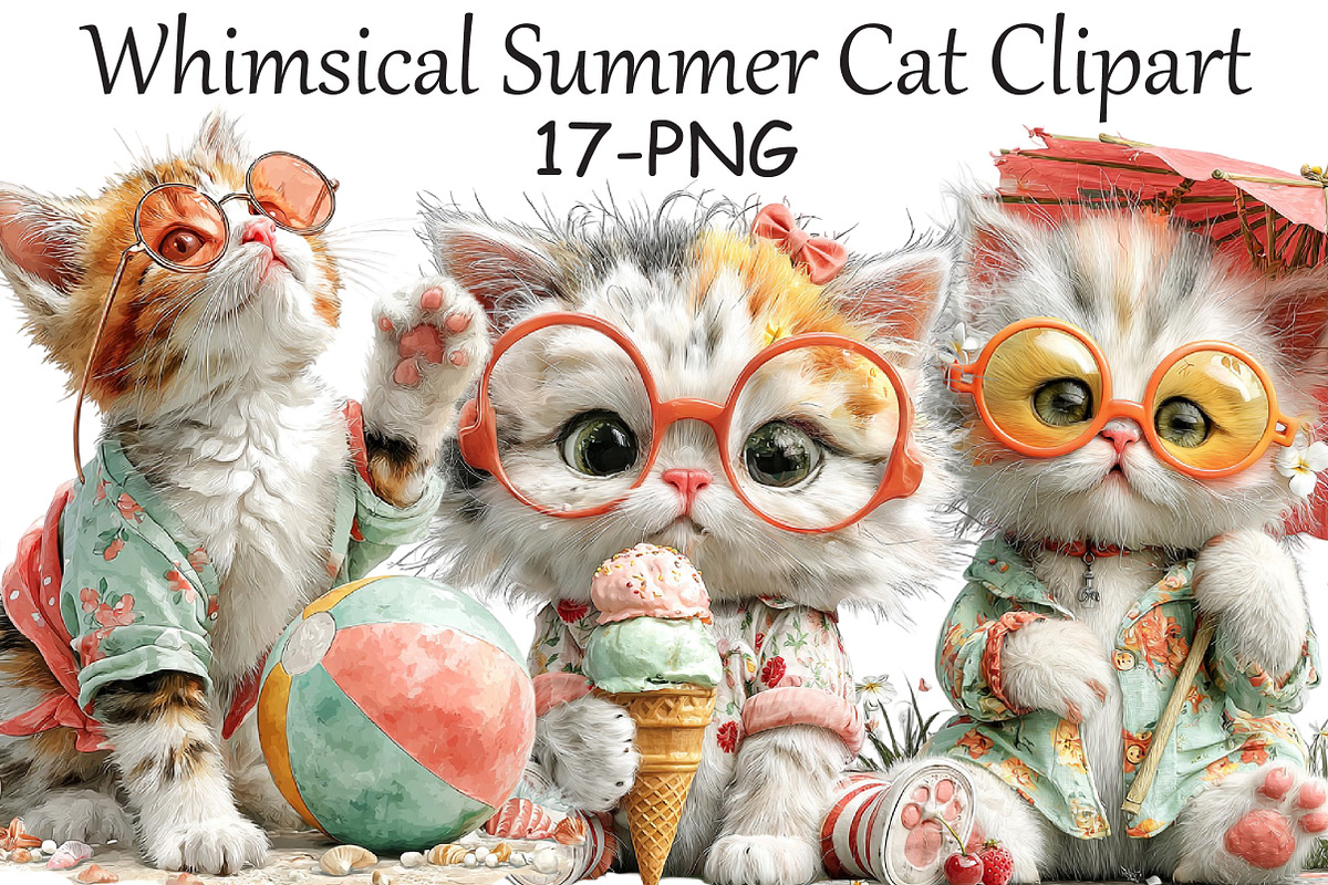 Whimsical Summer Cat Clipart, an Illustration by Libby Wishes (Photo 1 of 4)