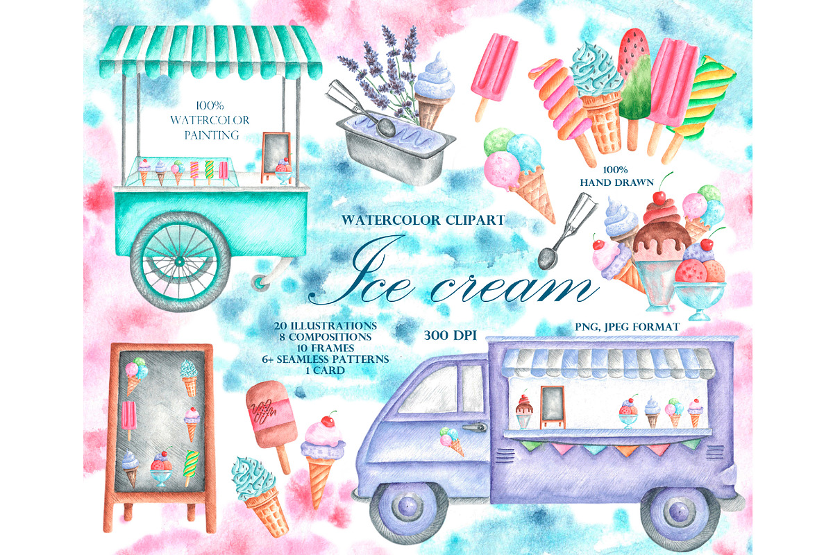 Ice cream watercolor set., a Food Illustration by SabinaWatercolorArt (Photo 1 of 17)