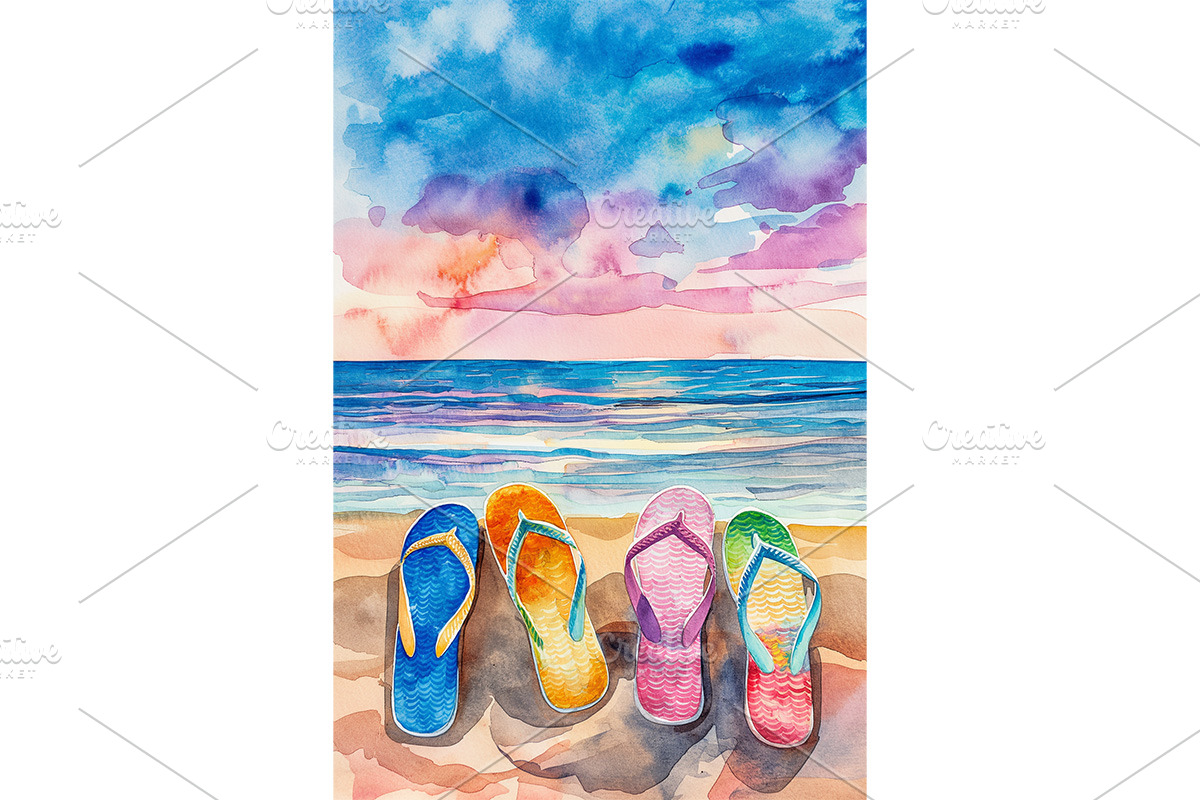 Watercolor Art of Four Flip-Flops, a Decorative Illustration by Art Paradise Studios