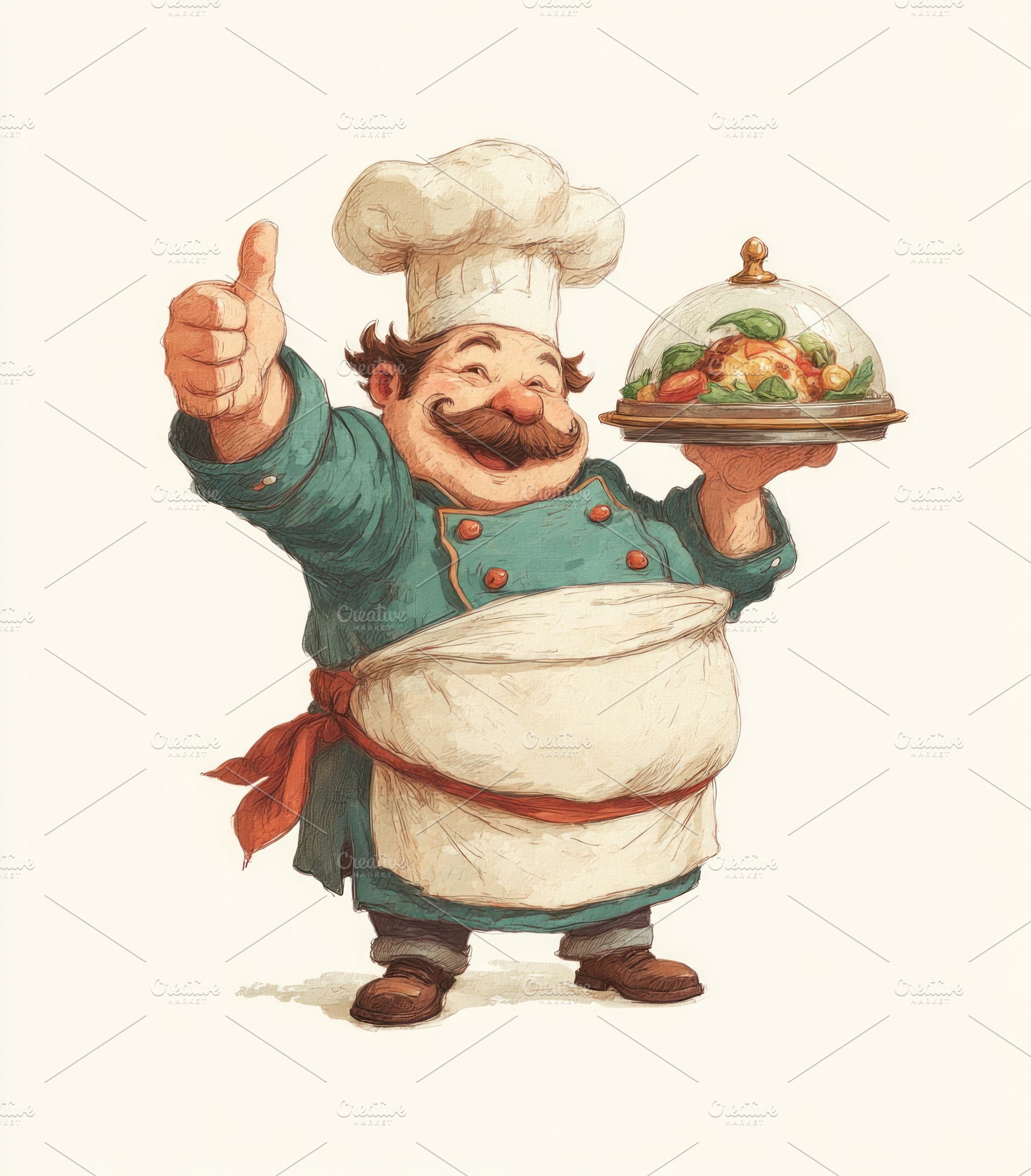 Cartoon chef giving thumbs up while holding a glass cloche with, a Person Photo by José Manuel Gelpi