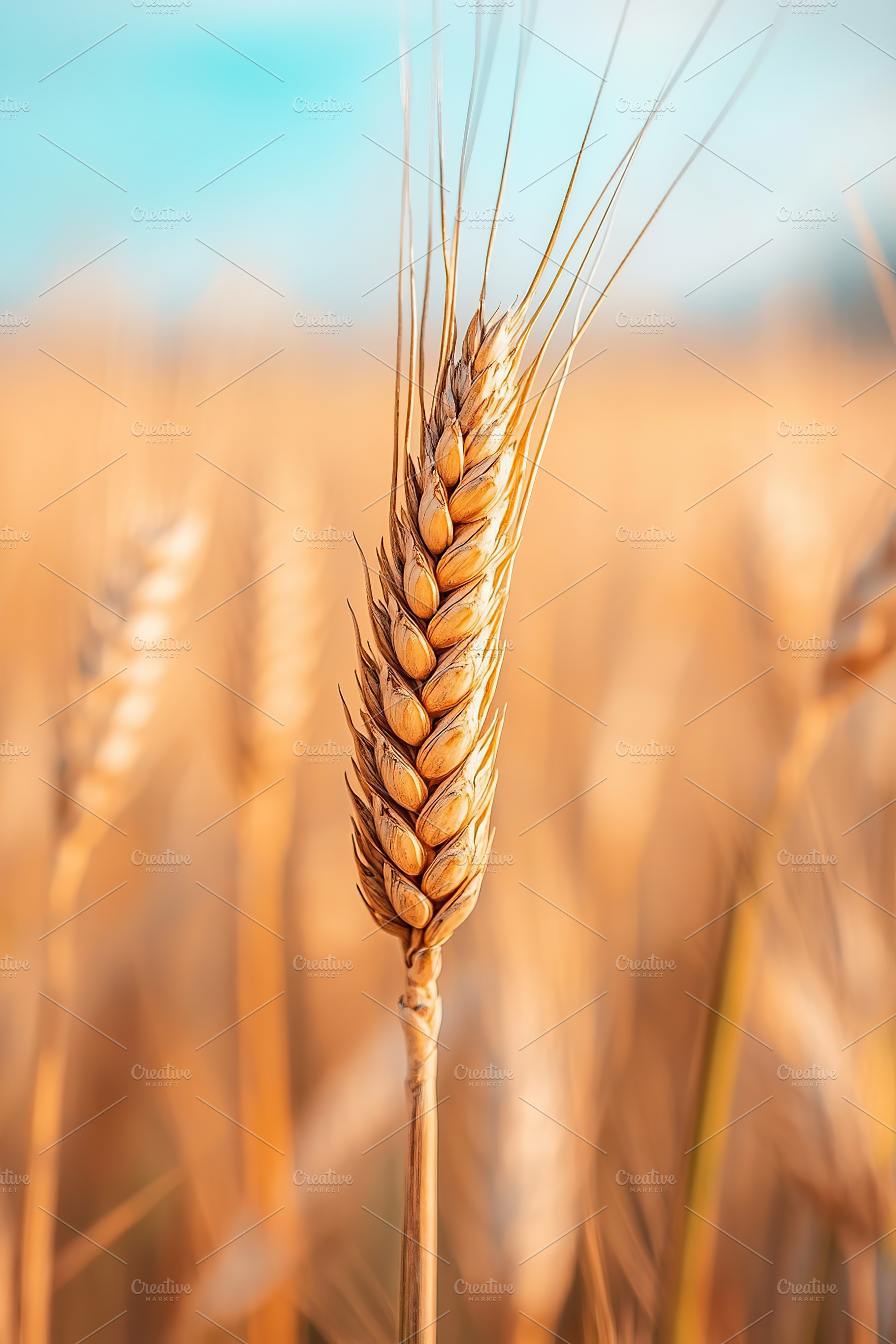 Vibrant wheat ear in a golden field under a clear sky, a Nature Photo by AlyaAnd