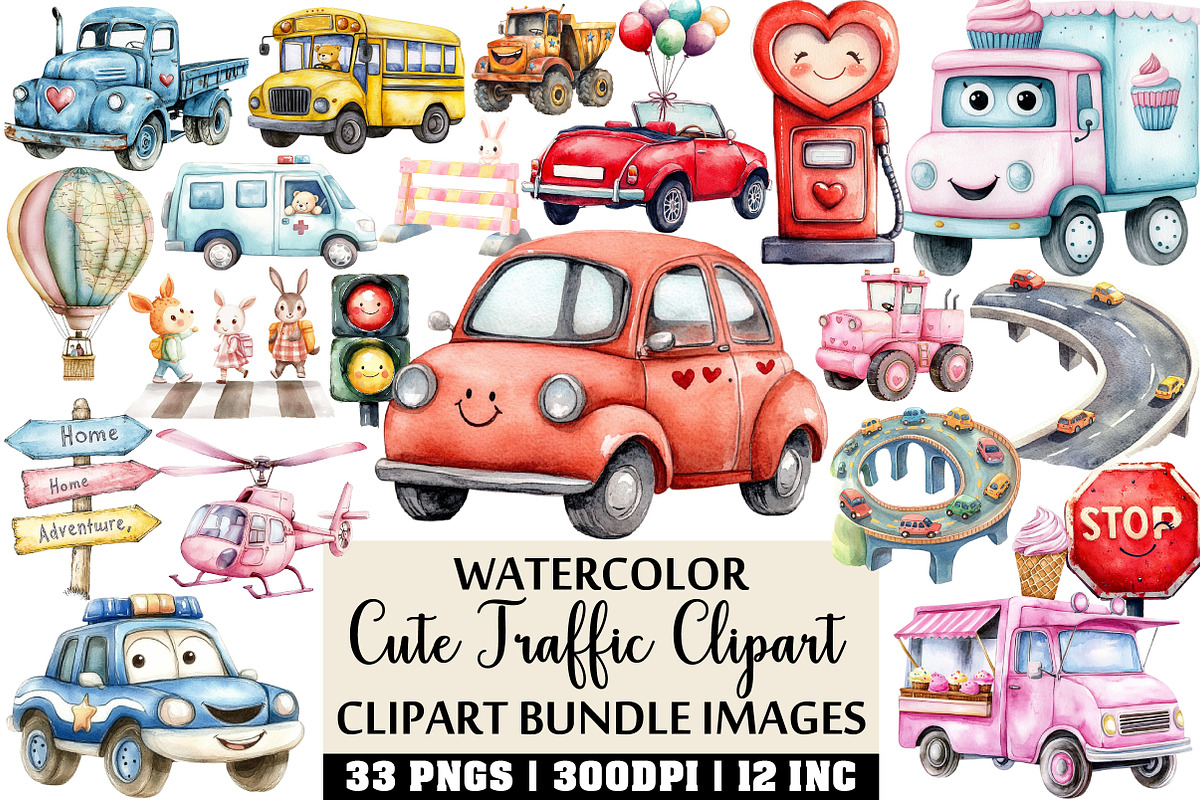 Cute Traffic Watercolor Clipart, an Illustration by Craft Nest (Photo 1 of 4)