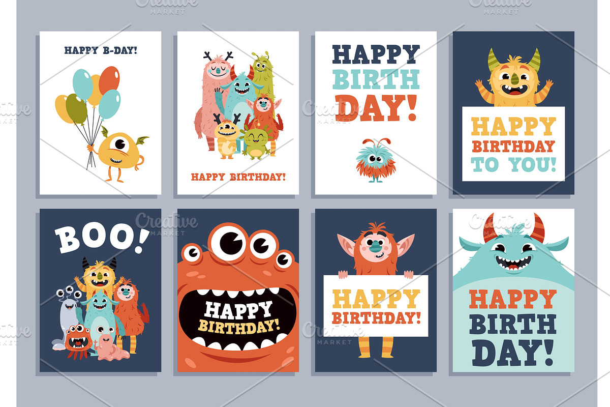 Monsters birthday party cards. Funny, an Animal Illustration by YummyBuum