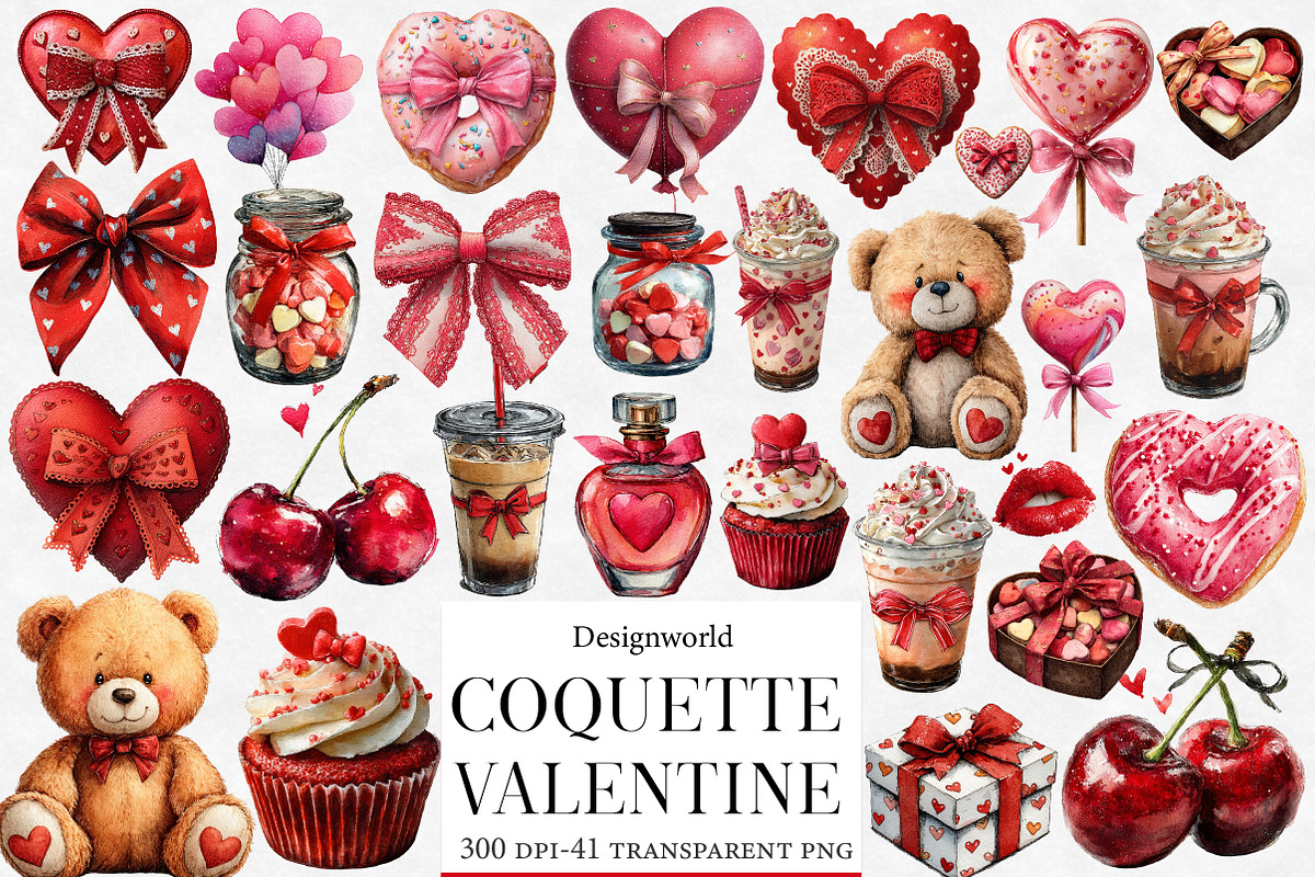 Coquette Valentine Clipart Bundle, an Illustration by Designworld (Photo 1 of 6)