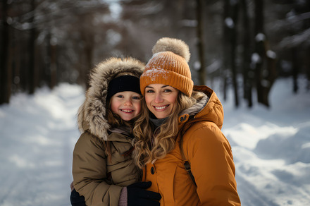 Mother and Daughter Embracing in Winter Forest Wearing Warm Jackets and Smiling, a Photo by AS photostudio