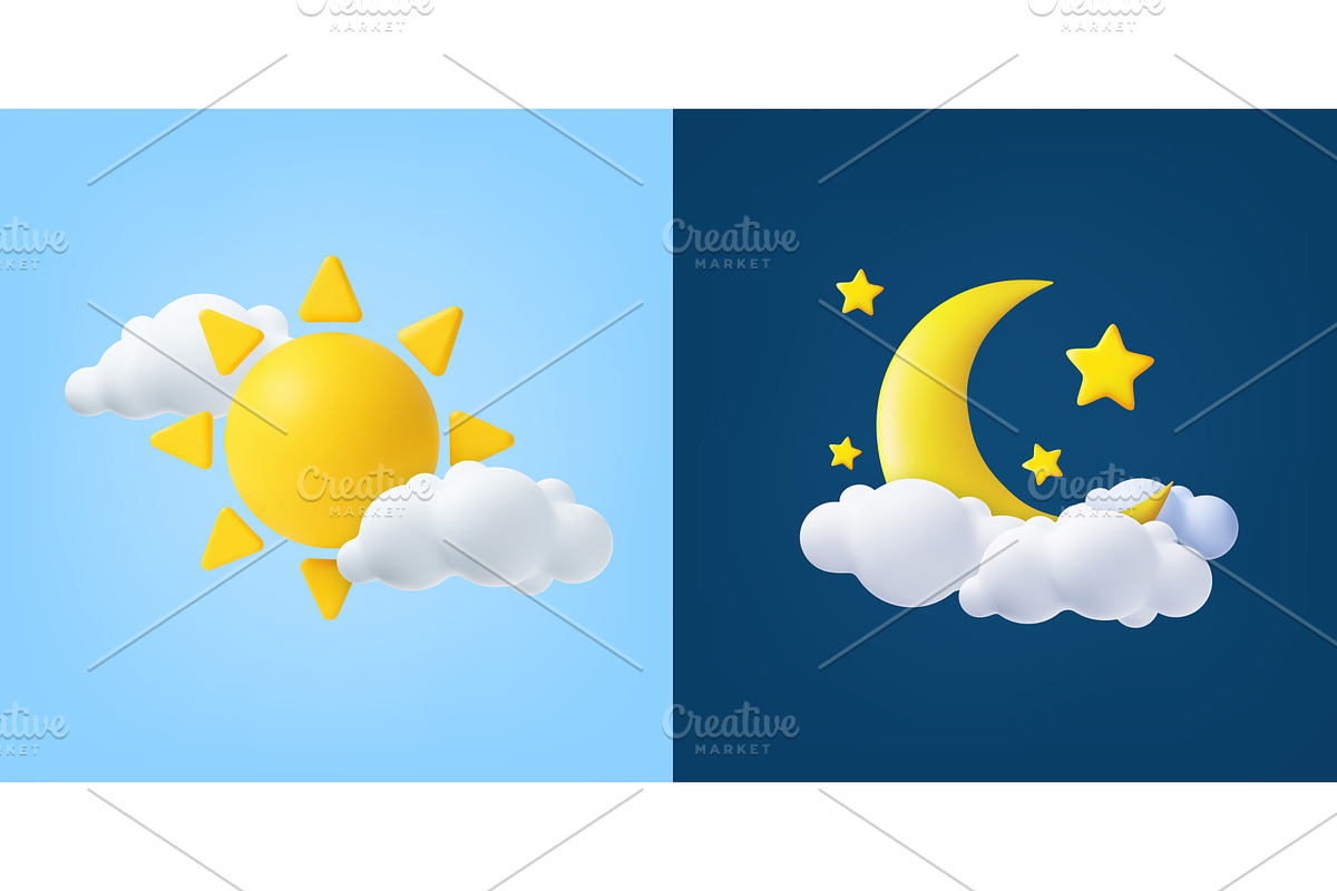 3d Sun and moon icons representing, an Object Illustration by ModVector