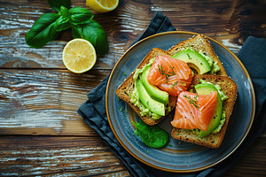 Toast bread with salted salmon and guacamole avocado on wooden table, a Food & Drink Photo by AlyaAnd