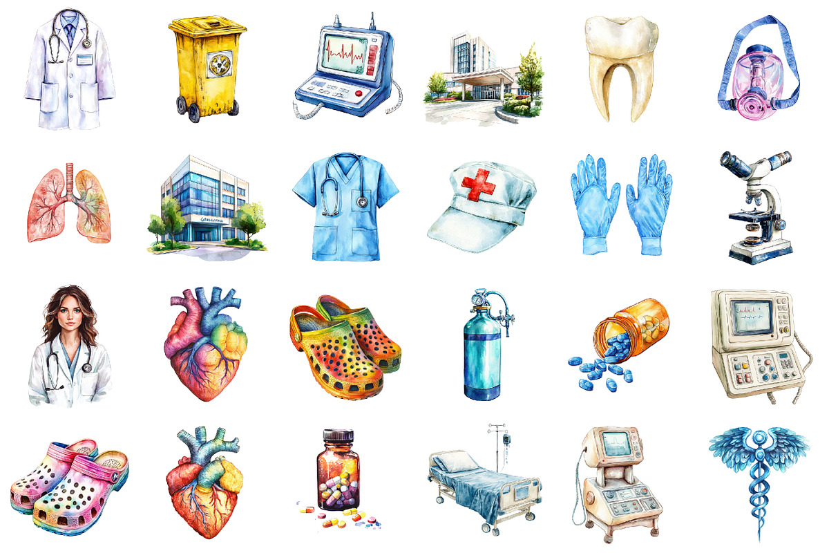 Watercolor Medical Clipart, a Seasonal Illustration by designcity5 (Photo 2 of 5)