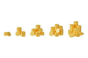 3D Render Growing Gold Coin Piles