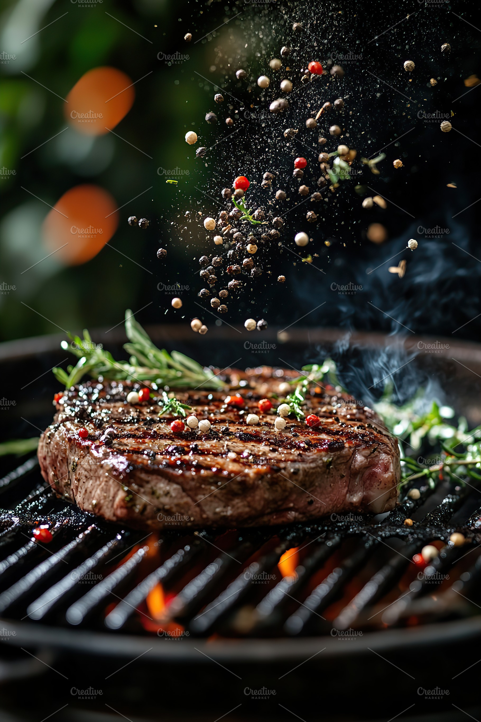 Fresh beef steak on the grill with falling herbs and spices, a Food & Drink Photo by AlyaAnd