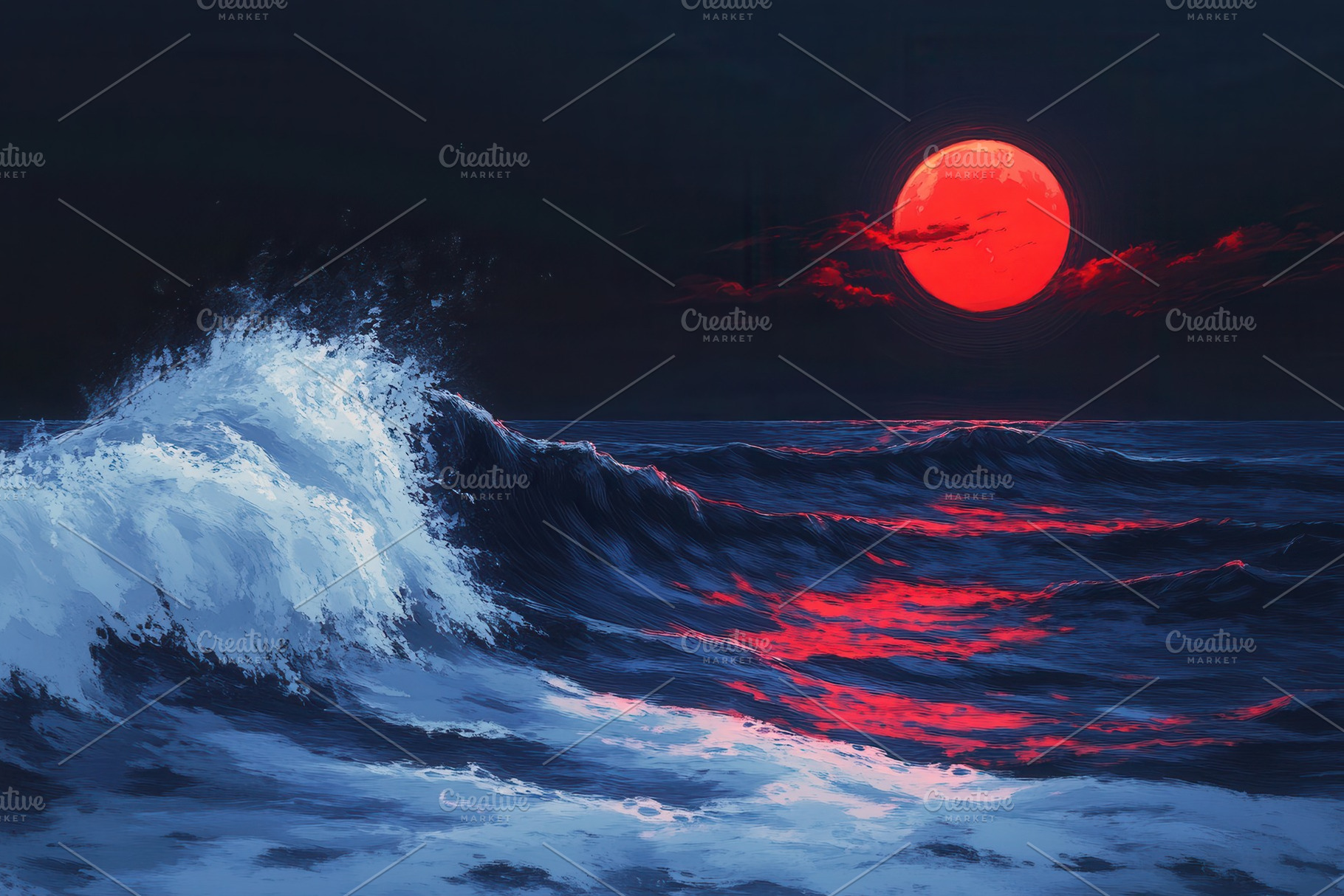 Dark sea night with red moonlight, a Photo by Pavel_design