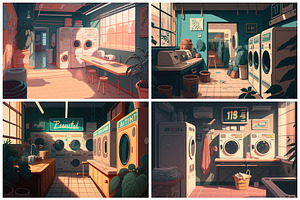 24 Lofi Laundry Mat Backgrounds 6K