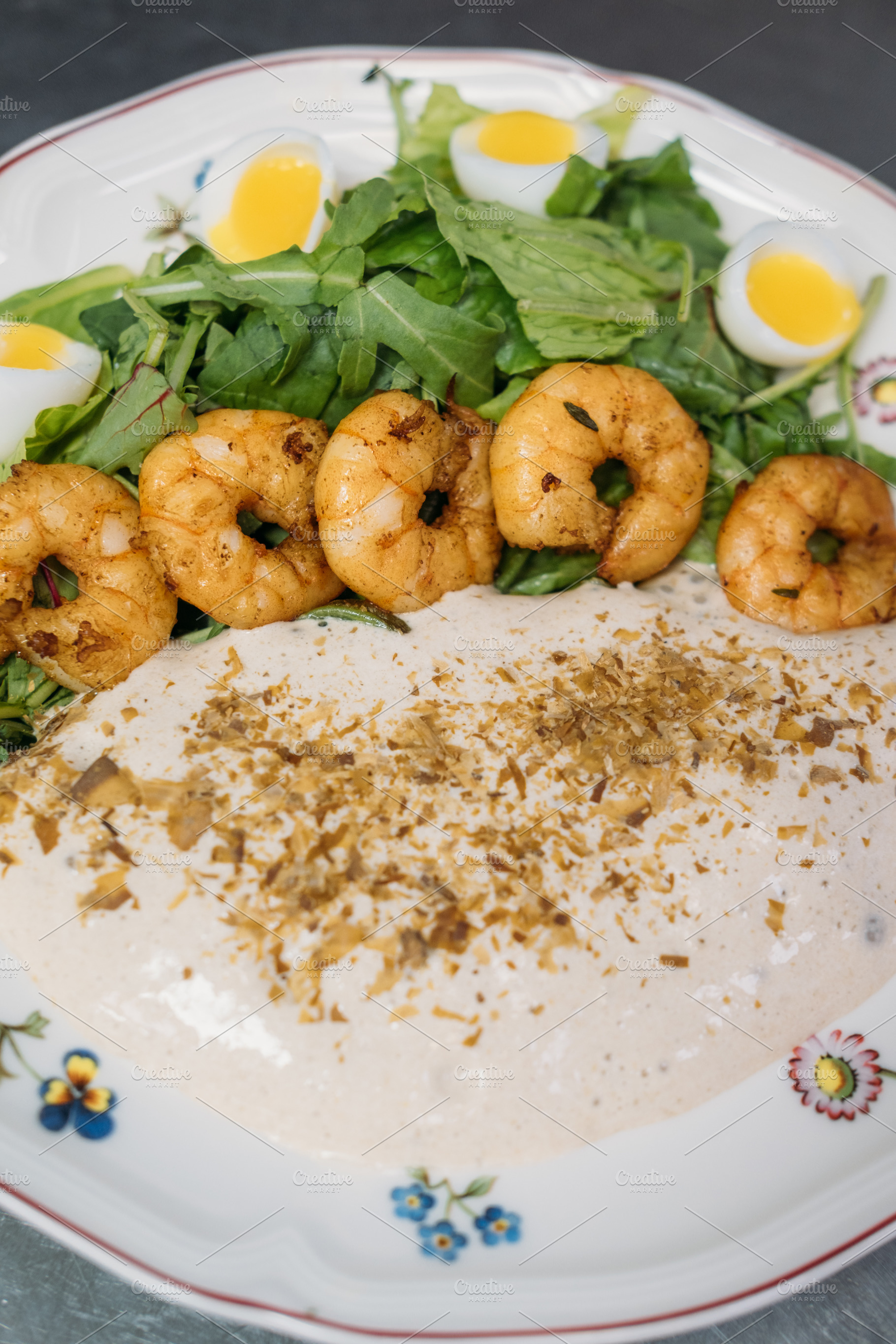 Restaurant food fried shrimp plate eggs sauce, a Food & Drink Photo by Photo Drive Studio