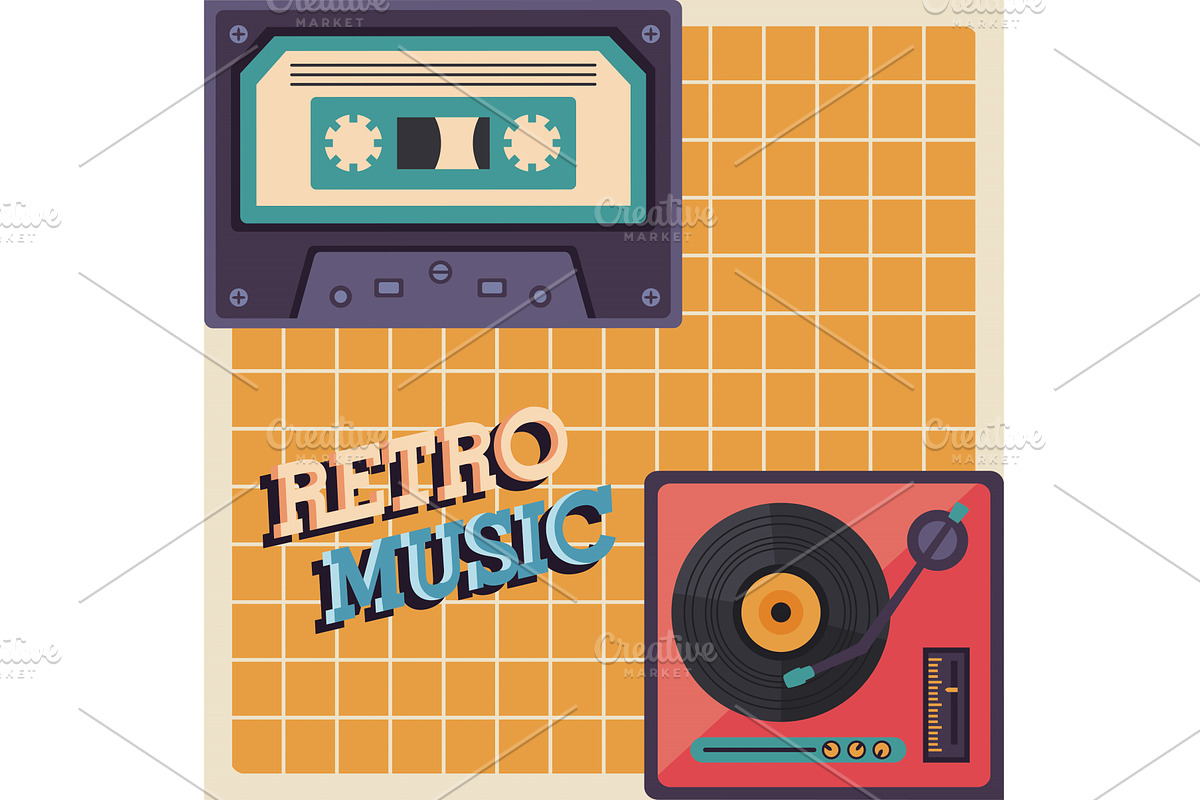 cassete and vinyl player retro, an Object Illustration by studiogstock