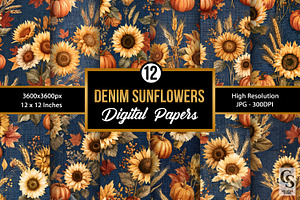 Denim Fall Sunflowers Digital Papers