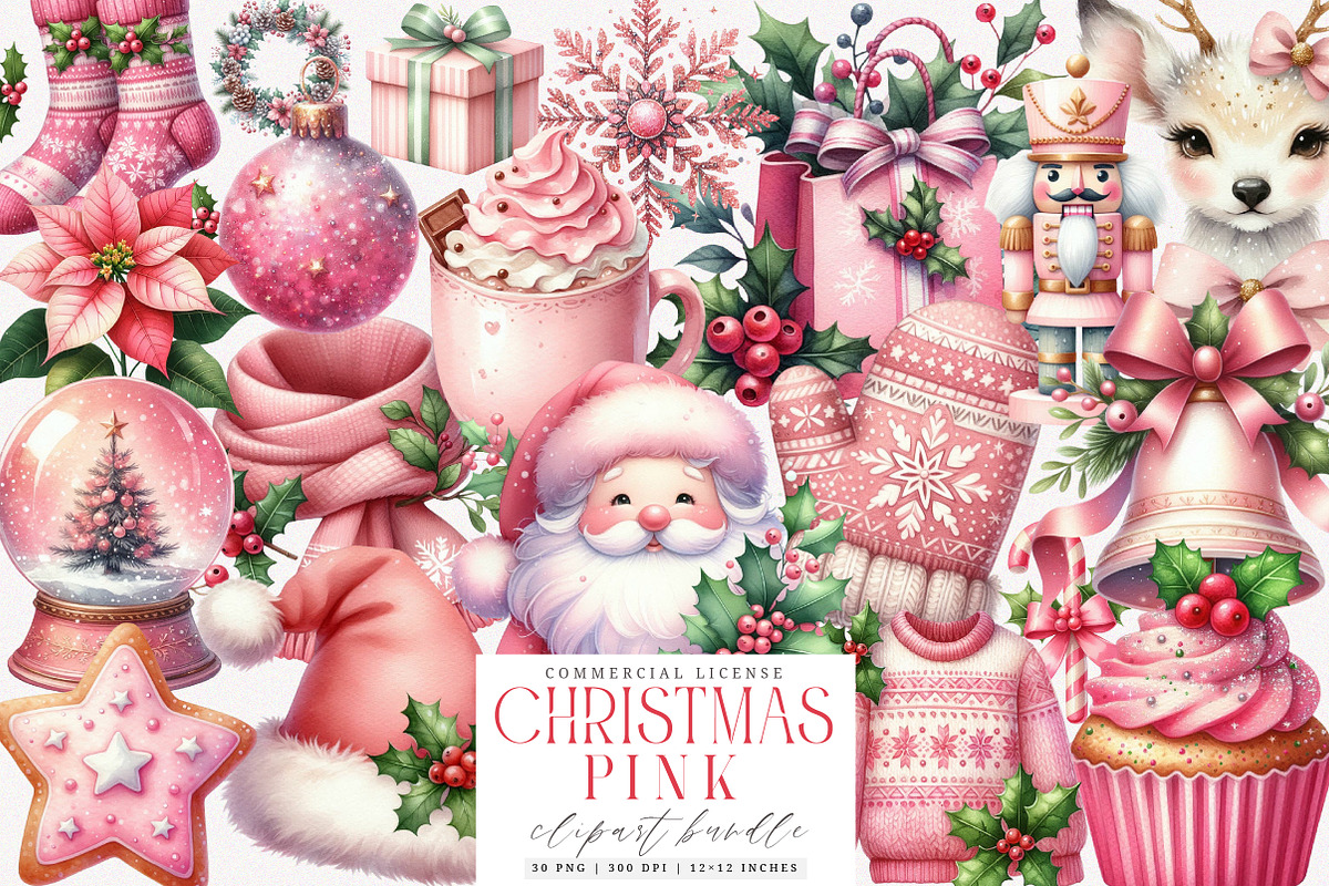 Pink Christmas Clipart Bundle, an Illustration by SinaCreation (Photo 1 of 7)