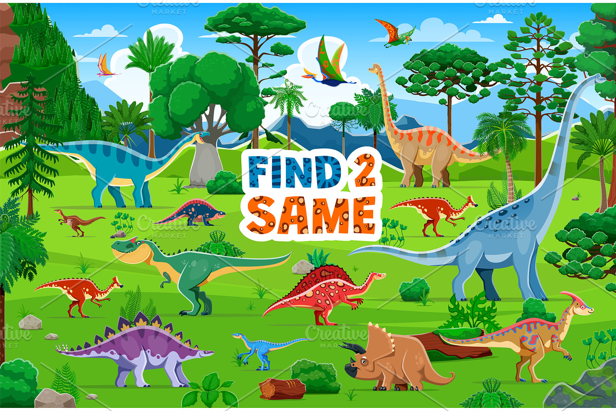 Find two same dinosaurs, an Animal Illustration by Vector Tradition