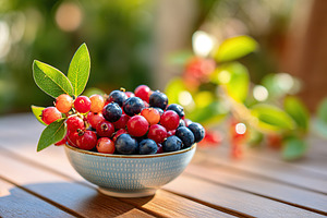Freshly picked berries in a bowl surrounded by nature on a sunny day, a Food & Drink Photo by AlyaAnd