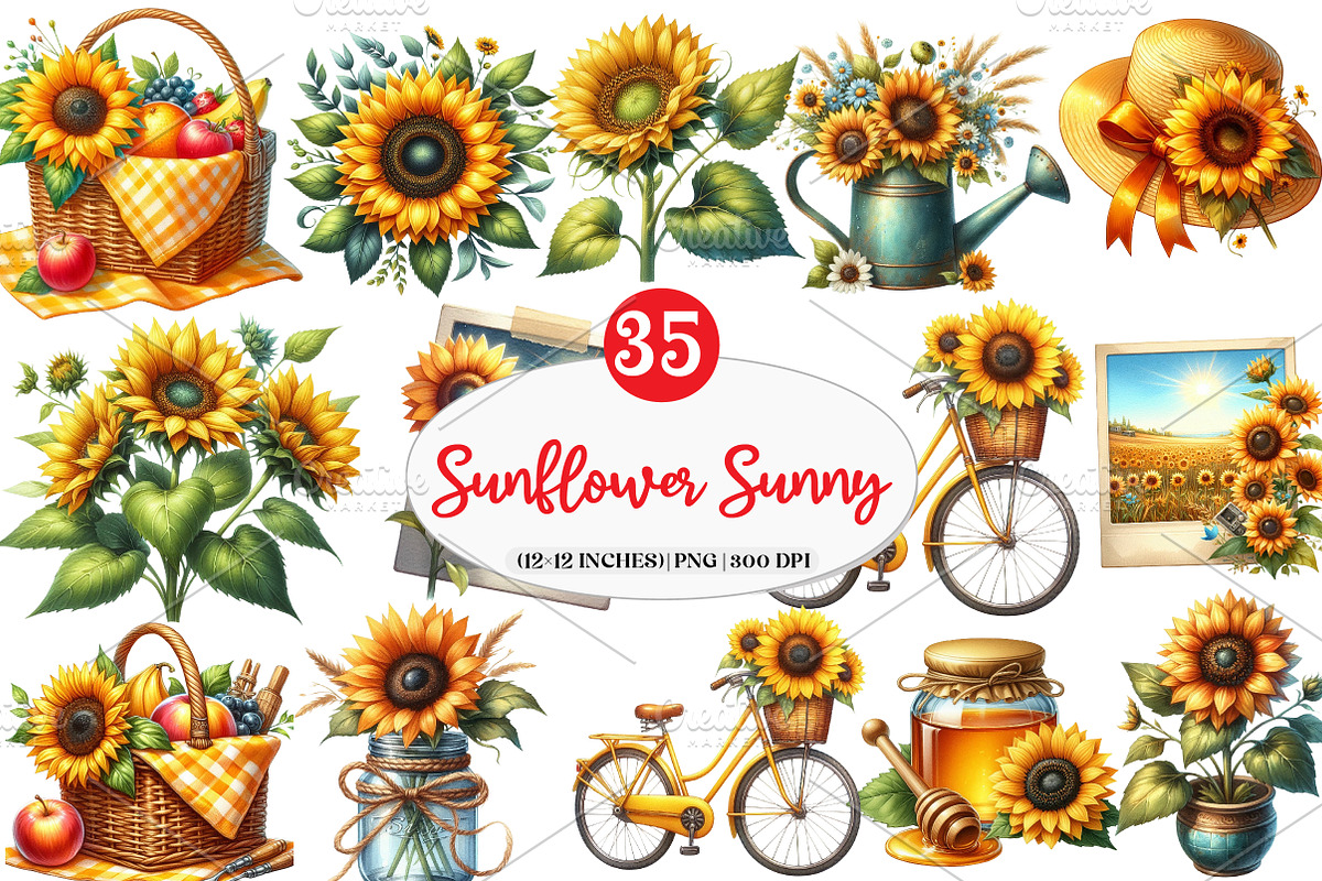 Watercolor Sunflower Sunny Day png, an Illustration by Watercolor design (Photo 1 of 4)