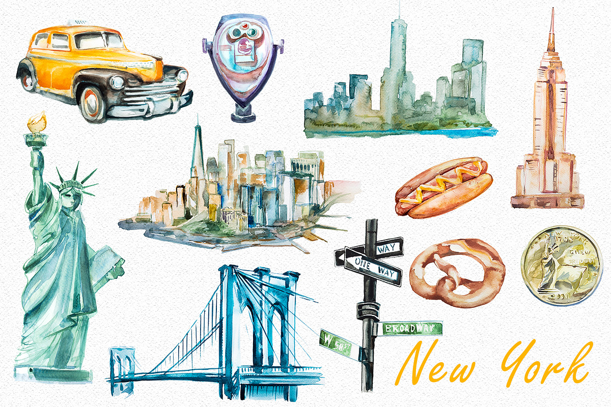 Watercolor New York Clipart Set, a Transportation Illustration by ArtCreationsDesign (Photo 2 of 2)