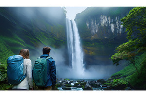 A misty waterfall surrounded by lush, a Nature Photo by Igor Tichonow
