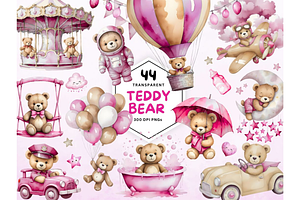 Watercolor Teddy bear clipart pink