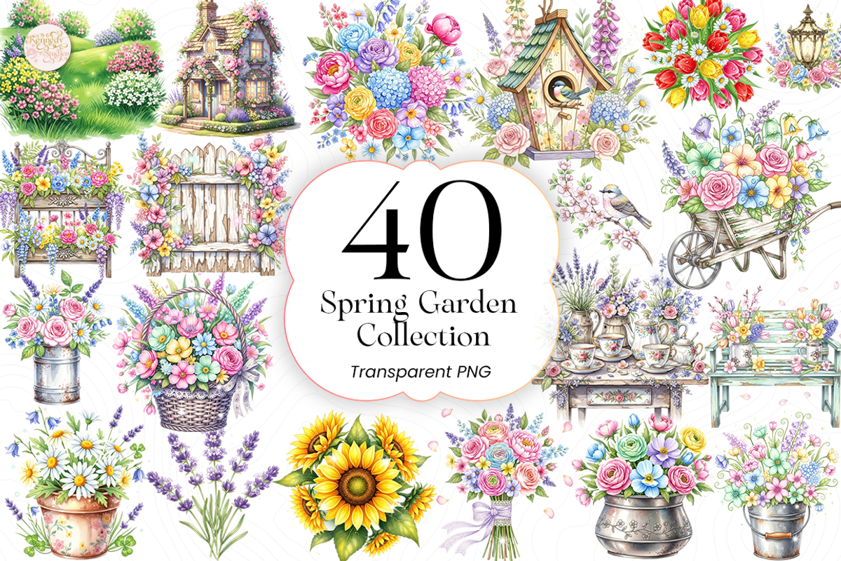 Watercolor Spring Garden Clipart PNG, an Object Illustration by KennedyStudio (Photo 1 of 5)