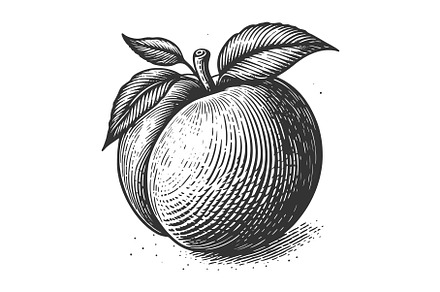 peach with leaves engraving vector, an Object Illustration by AlexArt