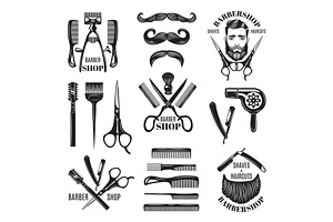 Illustrations Set Of Different Barber Shop Tools. Symbols For Badges And Labels