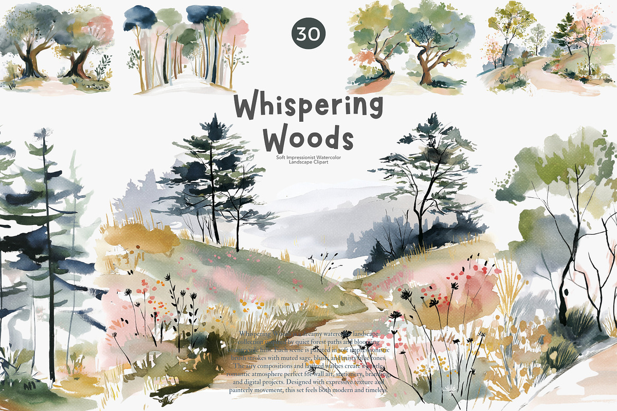 watercolor forest landscape clipart, a Decorative Illustration by Patishop Art (Photo 1 of 8)