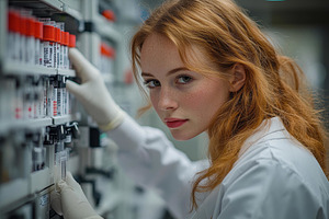 Young researcher examining lab sampl, a Photo by Tanuart