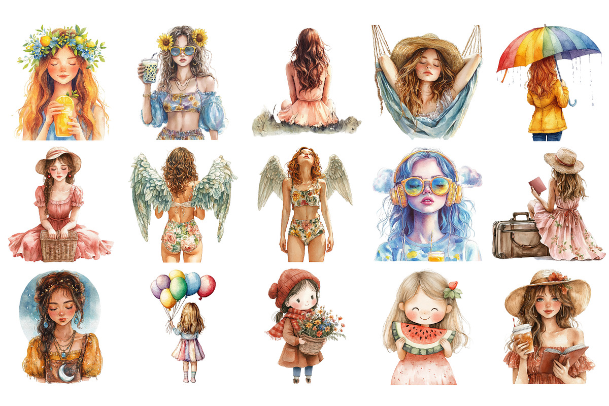 Dreamy Summer Girl Clipart Set, an Illustration by Craft Nest (Photo 2 of 4)