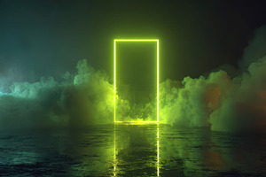 Neon Green Portal in Misty Landscape, a Photo by Pixeness Studio