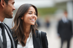 Smiling latino businesswoman walking, a Business Photo by MistyDay