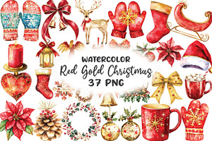 Red Gold Christmas Watercolor Clipar, an Illustration by CraftArtStudio