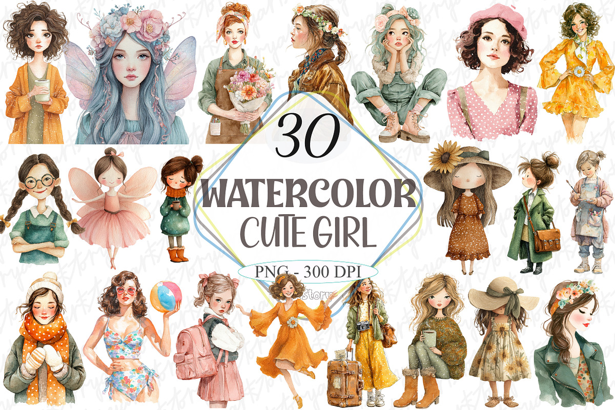 Watercolor Cute Girl Clipart Bundle, a Graphic by designcity5 (Photo 1 of 4)